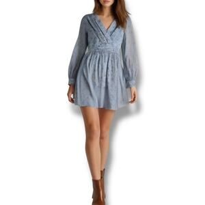 Gal Meets Glam Size 4 Long Sleeve Microfloral Midi Dress Pastel Blue Cottagecore